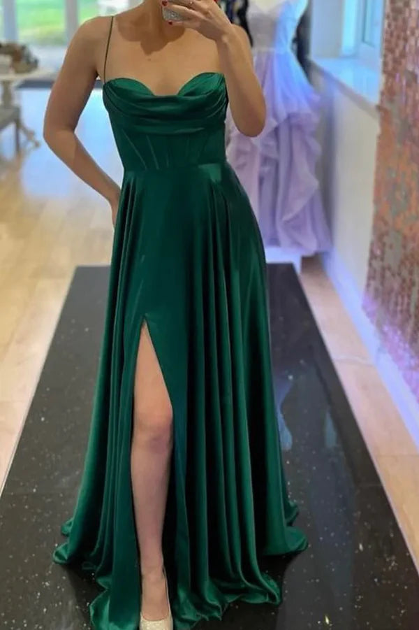 Wholesale Green Satin Long A-Line Prom Dress Simple Evening Dress with Slit
